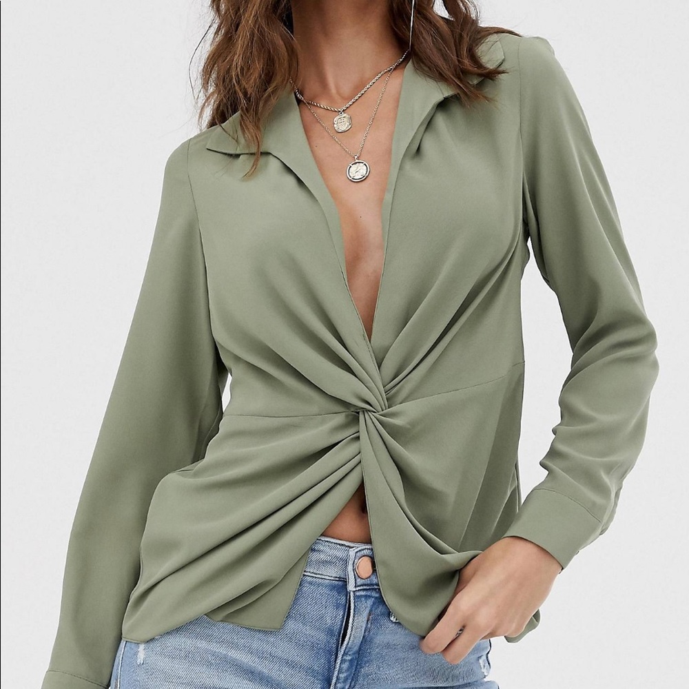 ASOS Long Sleeve Plunge Shirt with Knot Front
